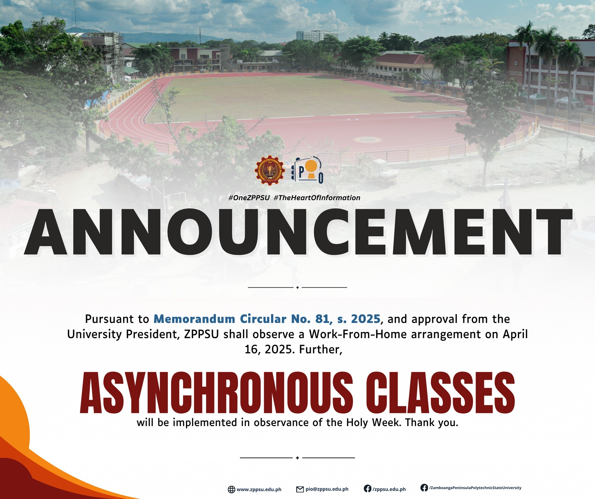 All half-day classes will be ASYNCHRONOUS and regular operations of the university shall be suspended from 12:00NN onwards, in observance of the Holy Week.