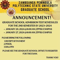 ANNOUNCEMENT! Graduate School Admission Test Schedules for the 2nd Semester S.Y. 2023-2024